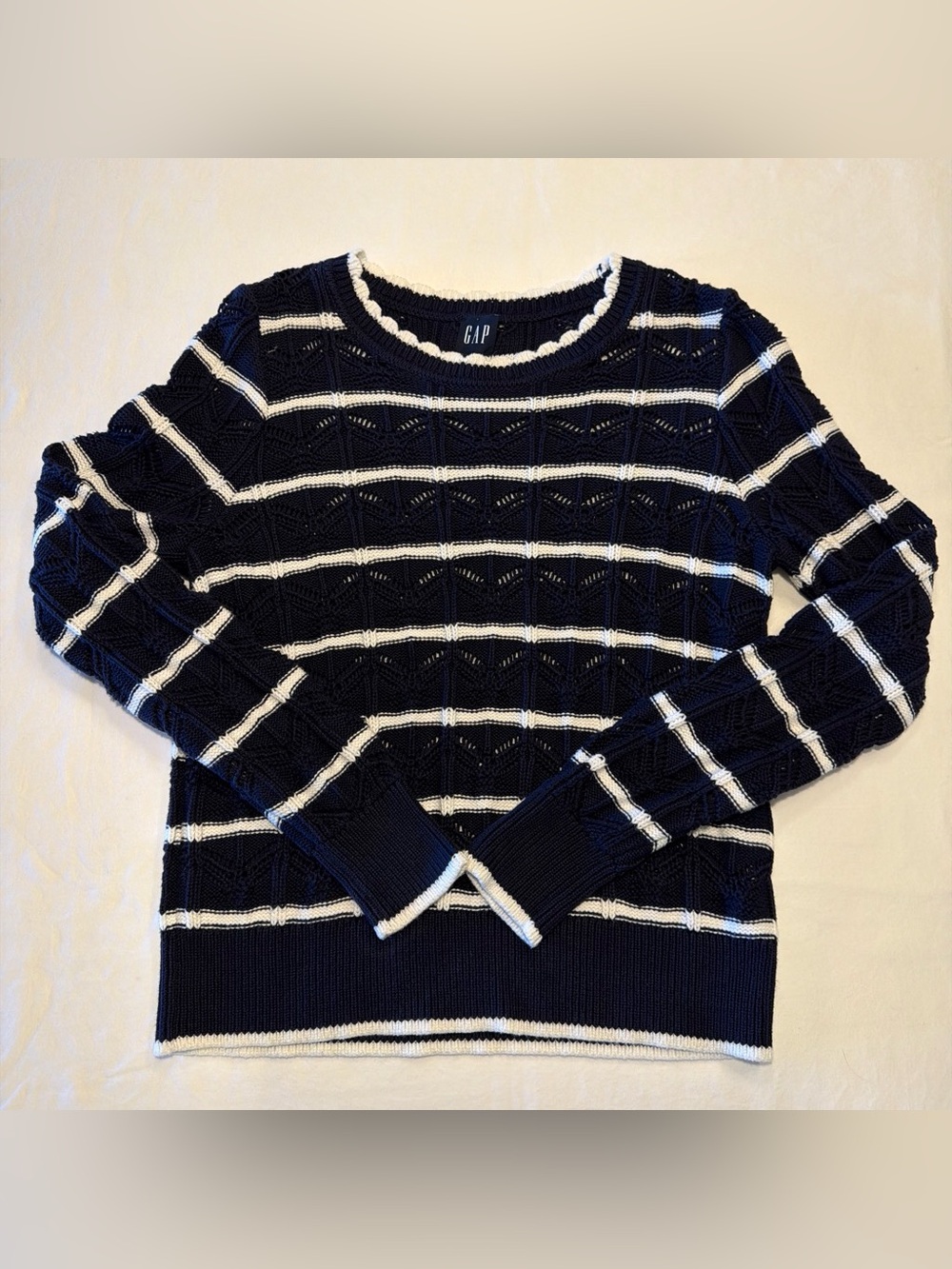 GAP Navy and White Striped Crew Neck Sweater